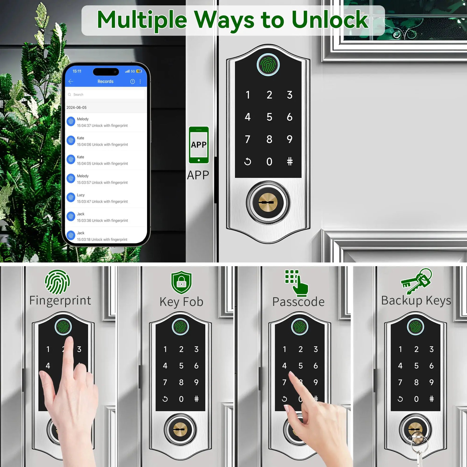 Keyless Entry Door Lock with Handle, satin nickel finish, fingerprint keypad, app-enabled smart lock