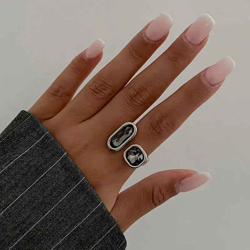 Pair of silver-tone geometric crystal rings for women with grey square zircon stones