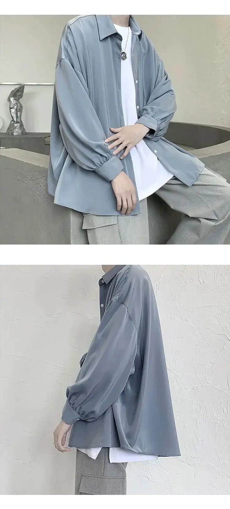 Korean style oversized men's long-sleeve shirt in solid light blue, breathable loose fit.