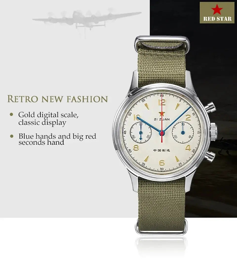 Red Star 38mm men's chronograph pilot watch on olive NATO strap with white dial, gold numerals, blue hands