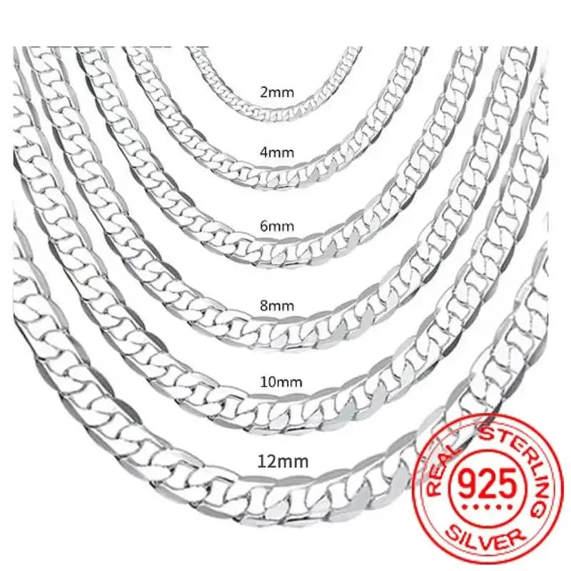 Sterling Silver 925 Unisex Necklace Face Chain 2mm 4mm 6mm 8mm 10mm 12mm 40cm 75cm Lobster Clasp Jewelry Gift