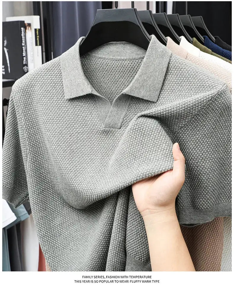 Men's polo shirt by Simples Market, 100% cotton gray knitted short-sleeve with collar, multiple colors on hangers