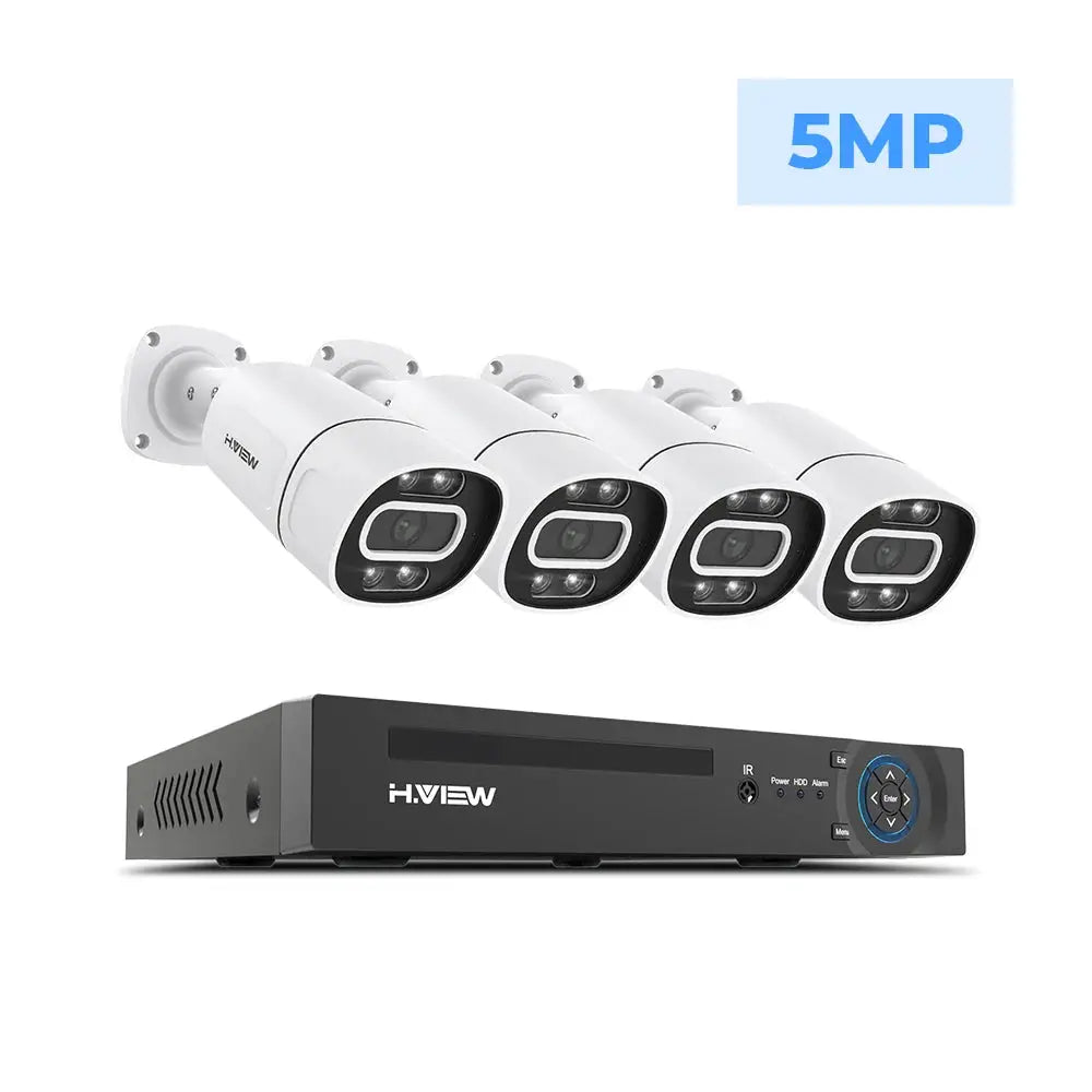 H.View CCTV security system with 4 white outdoor IP cameras and 8-channel NVR