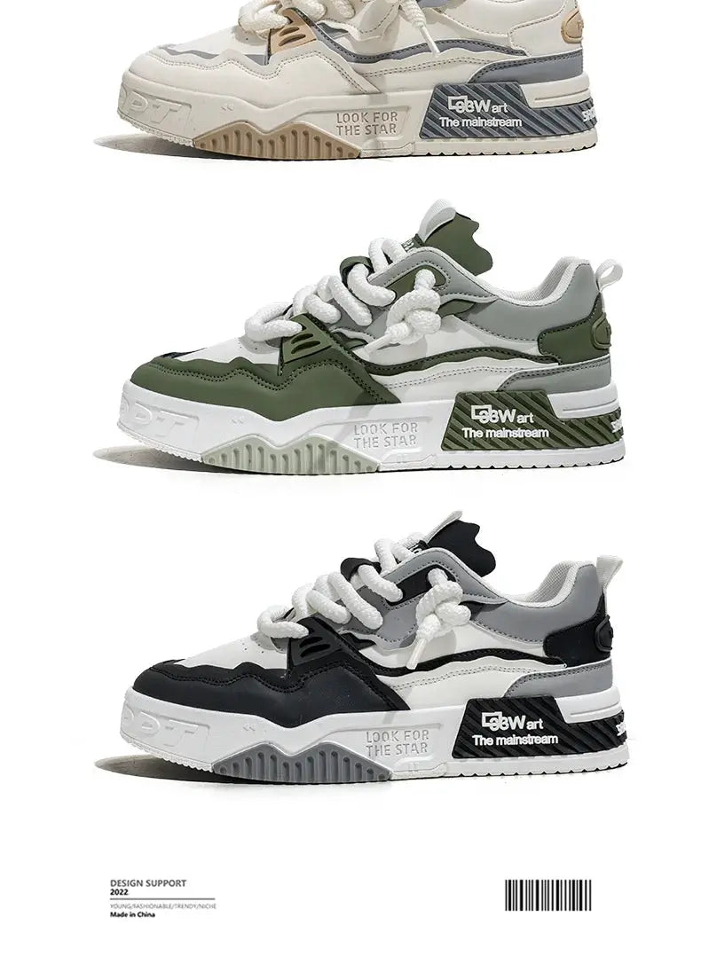Men's trendy skate shoes set in three colorways by Simples Market; comfy lace-up sneakers with chunky non-slip soles.