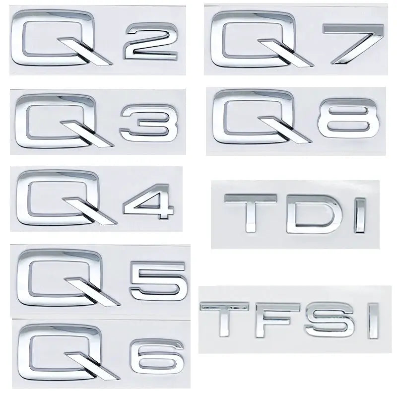 9-piece 3D chrome ABS rear badge set for Q2-Q8, TDI and TFSI car emblems