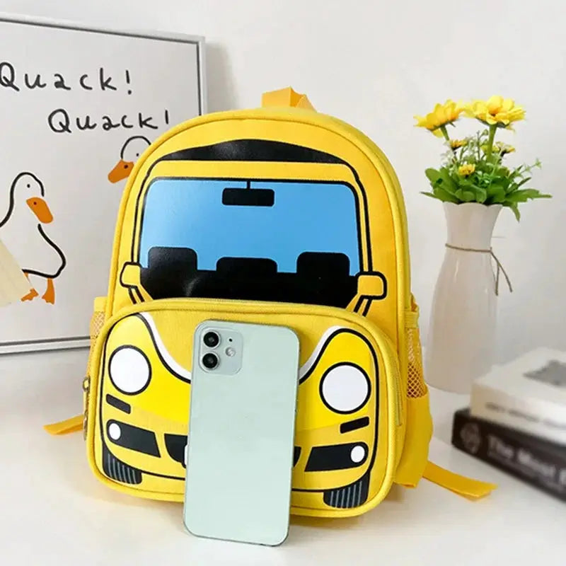 Children's police car backpack by Simples Market, bright yellow cartoon design