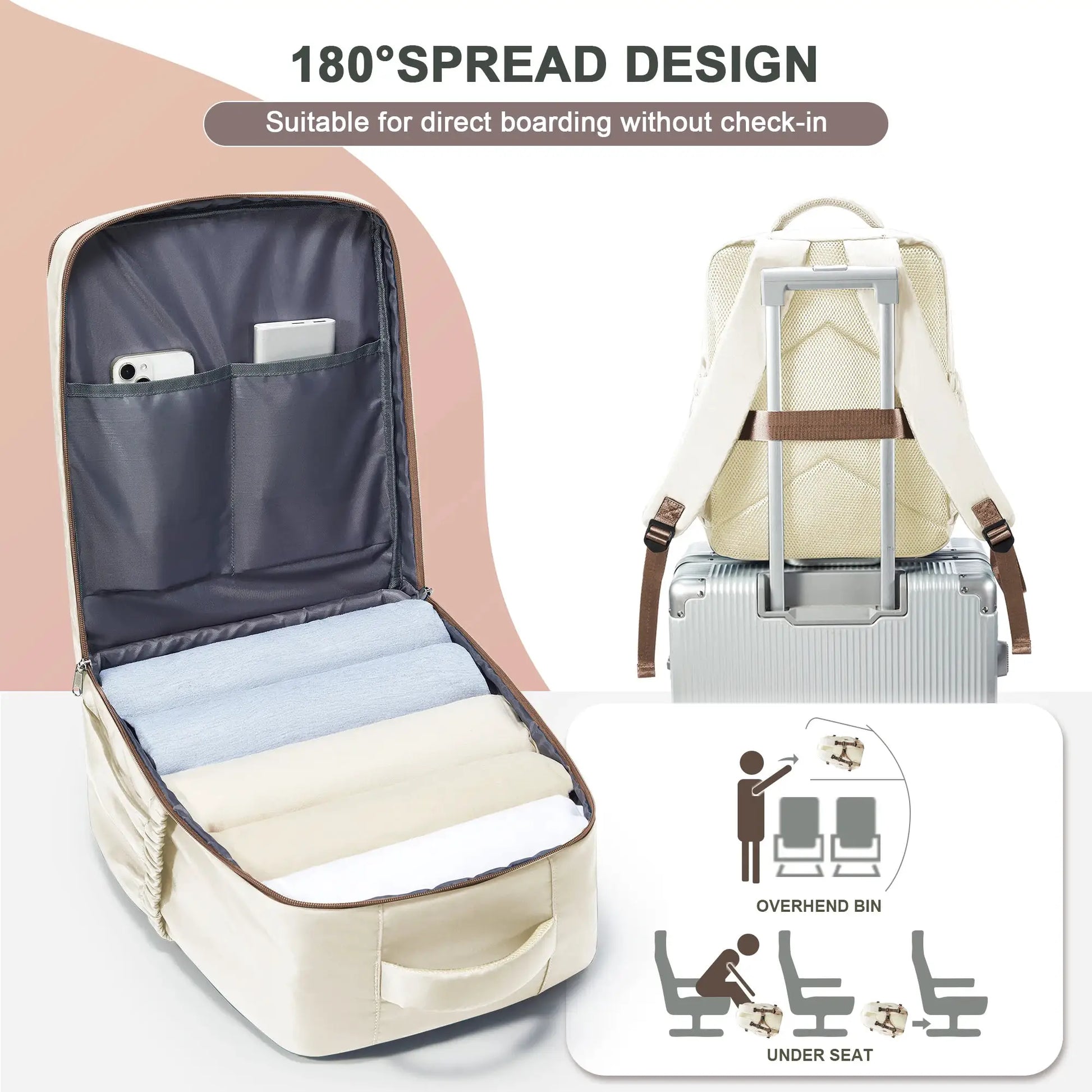 Cabin travel backpack 40x30x20 cm beige with 15.6-inch laptop sleeve by Simples Market