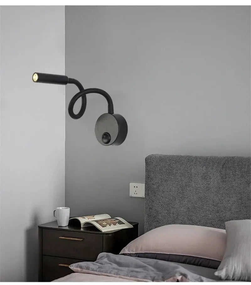 Simples Market LED flexible hose wall lamp in black, adjustable gooseneck bedside reading light with switch