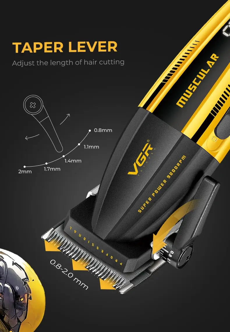 VGR hair trimmer professional clippers, yellow and black with taper lever and metal blades