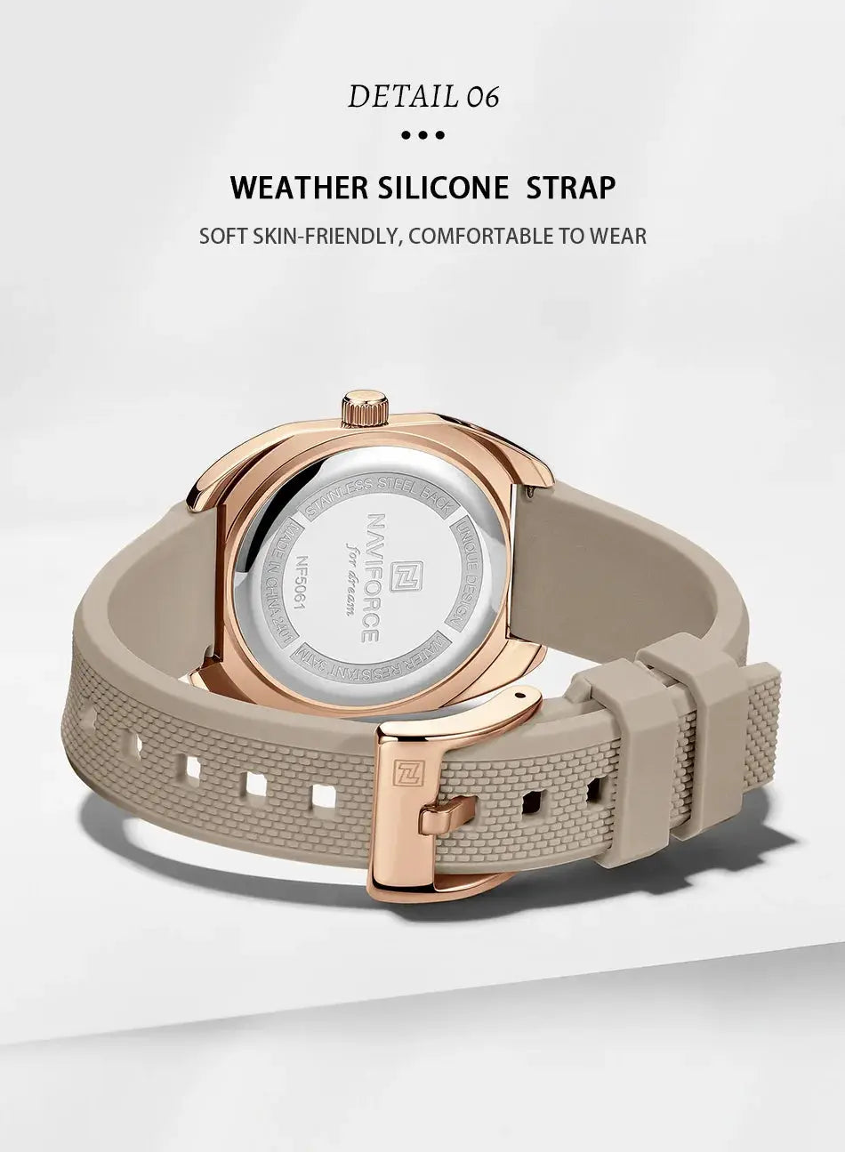 NAVIFORCE women's silicone wristwatch with rose-gold case and beige strap