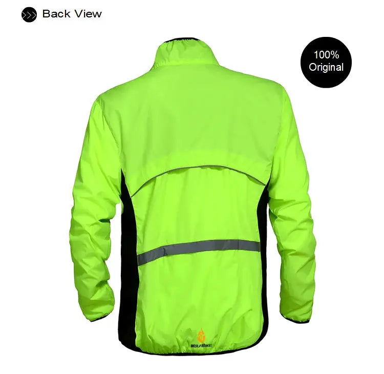 WOSAWE men windproof cycling jacket back view neon lime with reflective stripe, long sleeves