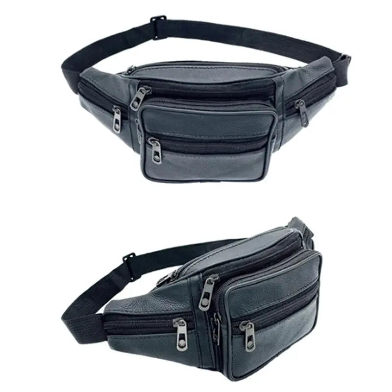 Men's waist pack PU leather fanny bag with multiple zip pockets and adjustable strap in black.