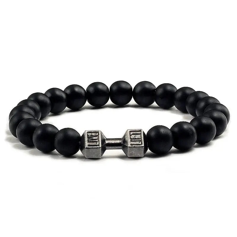 Natural Volcanic Stone Bracelet For Men And Women Matte Black Lava White Beads Dumbbell Charm Strand Fitness Jewelry