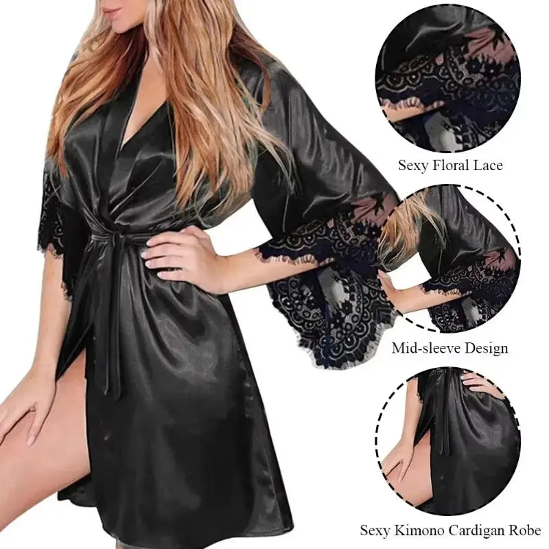 LuxeSilk Night Gown Robe With Floral Lace G String Set Silky Satin Sleepwear For Women