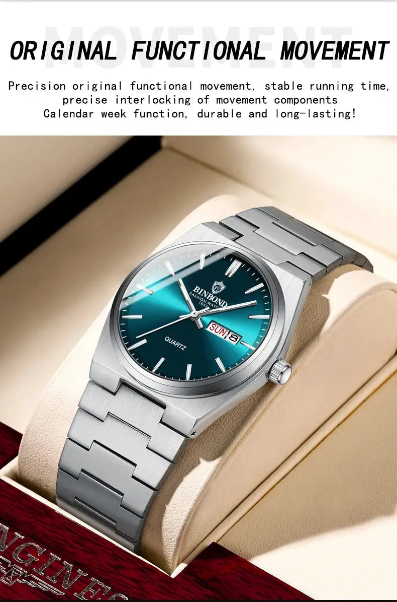 BINBOND stainless steel men's wristwatch with teal dial, day/date window, quartz movement