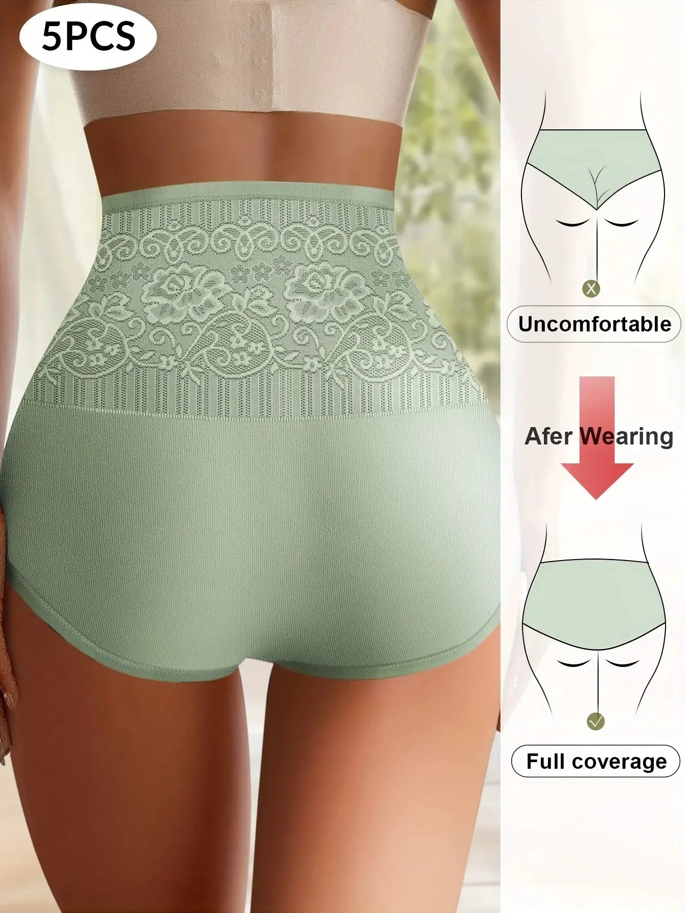 Panties 5-pack mint-green high-waisted tummy-tuck with jacquard lace pattern and breathable cotton by Simples Market.