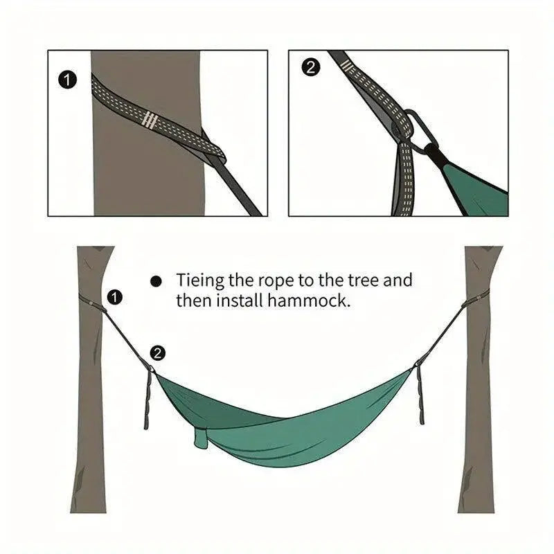 2pc hammock straps by Simples Market, reinforced polyester with 5 rings, securing a green hammock between trees.