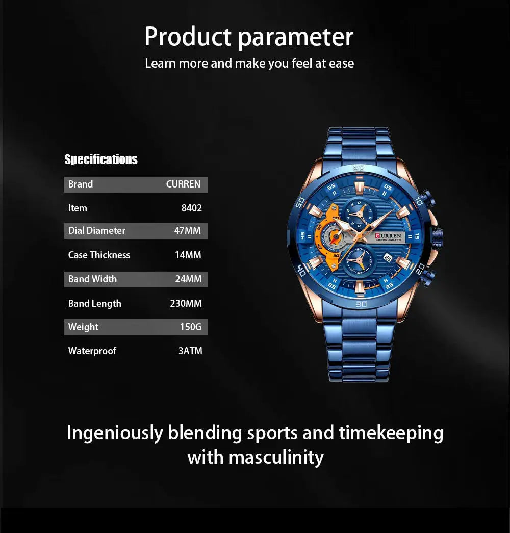 Curren 8402 blue stainless steel men's chronograph wristwatch with luminous dial