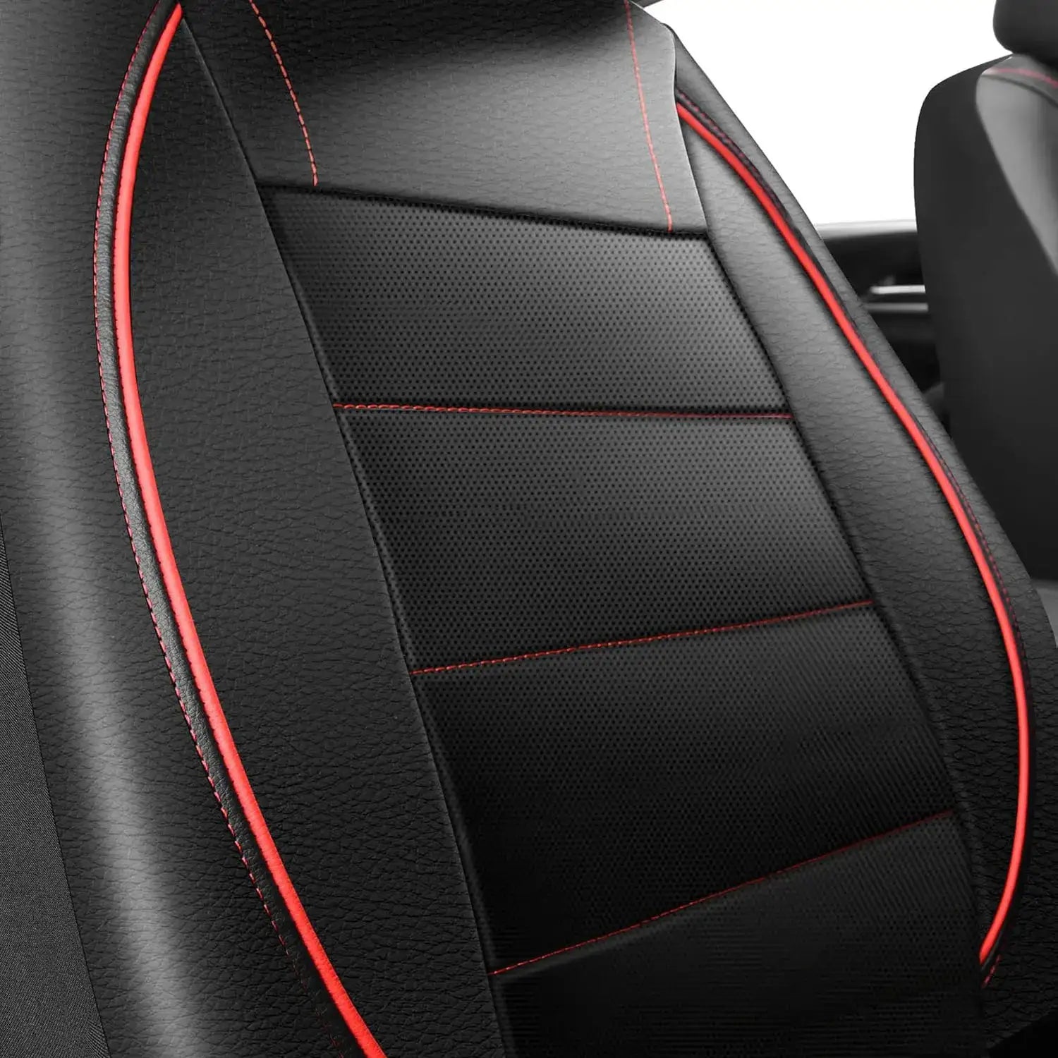 Universal leather car seat cover for 5 seats by Simples Market, black with red piping and perforated center.