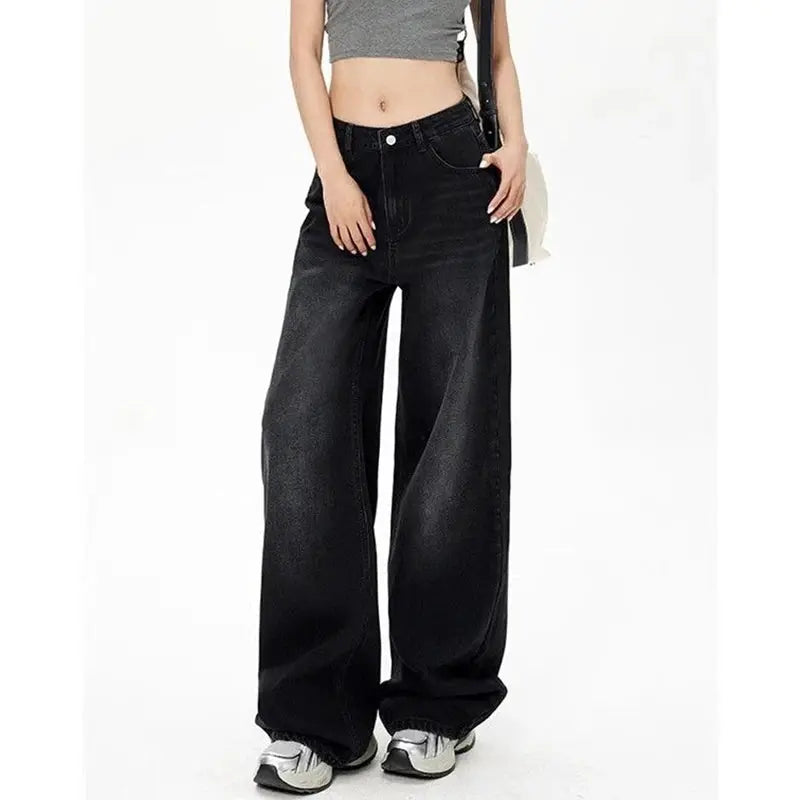 Lady Retro High Waist Black Gray Denim Jeans For Women Straight Leg