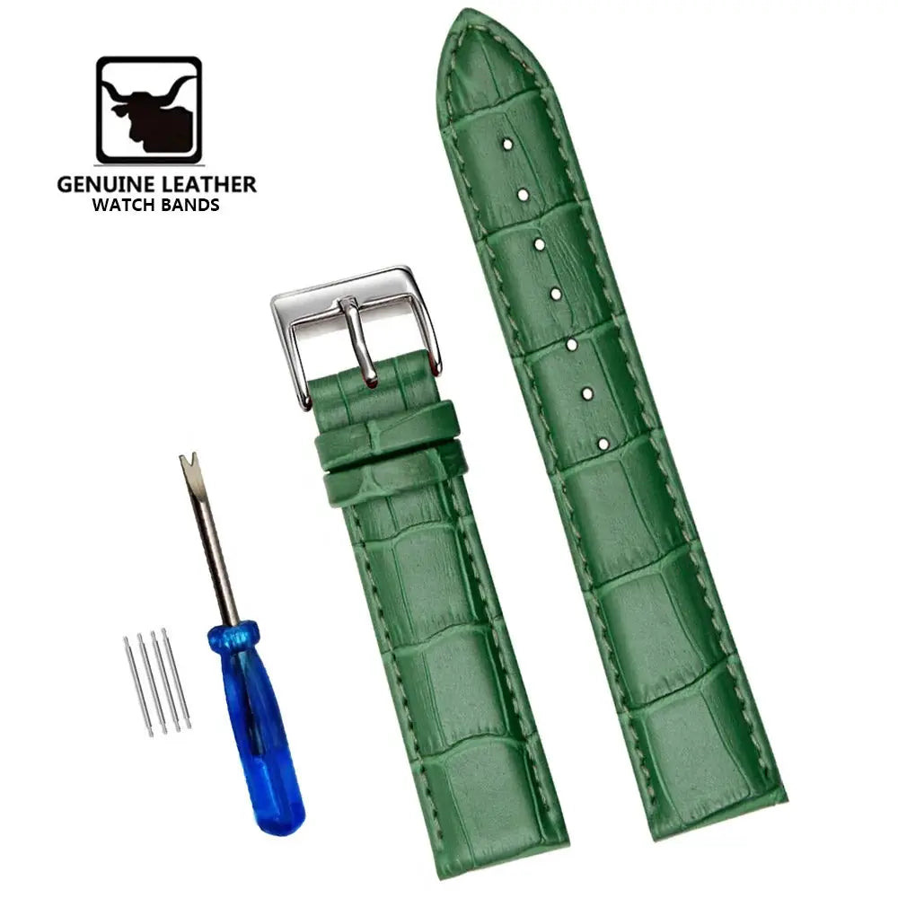 Two green crocodile-embossed genuine leather watch bands with installation tool and spare pins