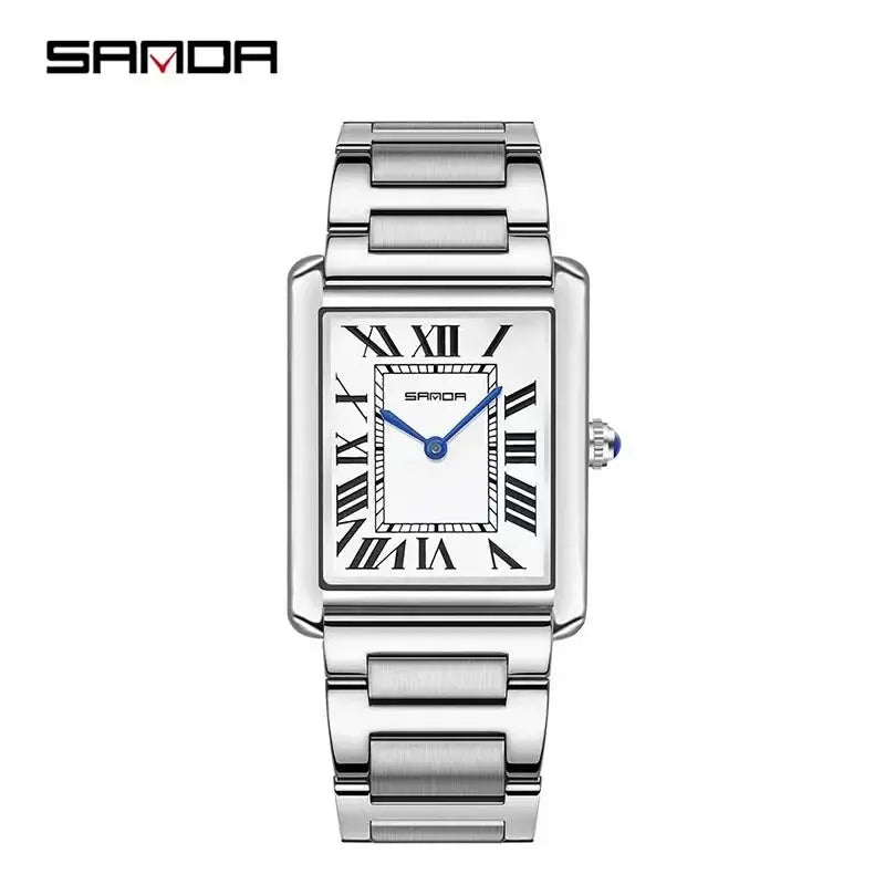 SANDA 9031/1108 luxury quartz watch, SAMOA stainless steel rectangular case with Roman numerals and blue hands.