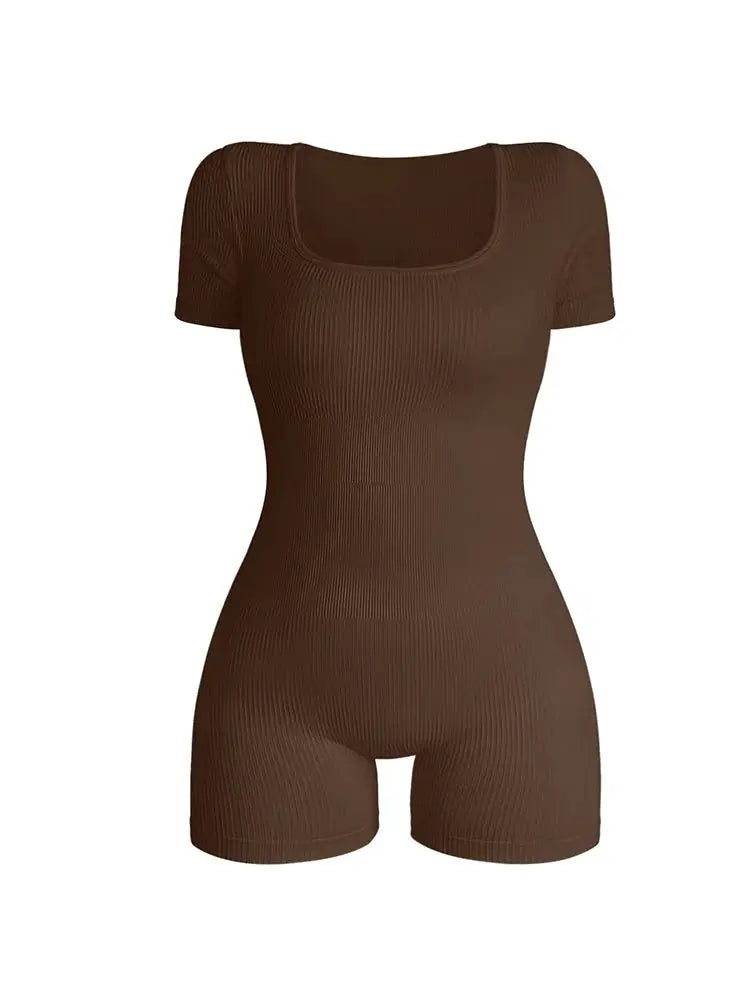 Women's brown ribbed square-neck short-sleeve jumpsuit, high-waist bodycon