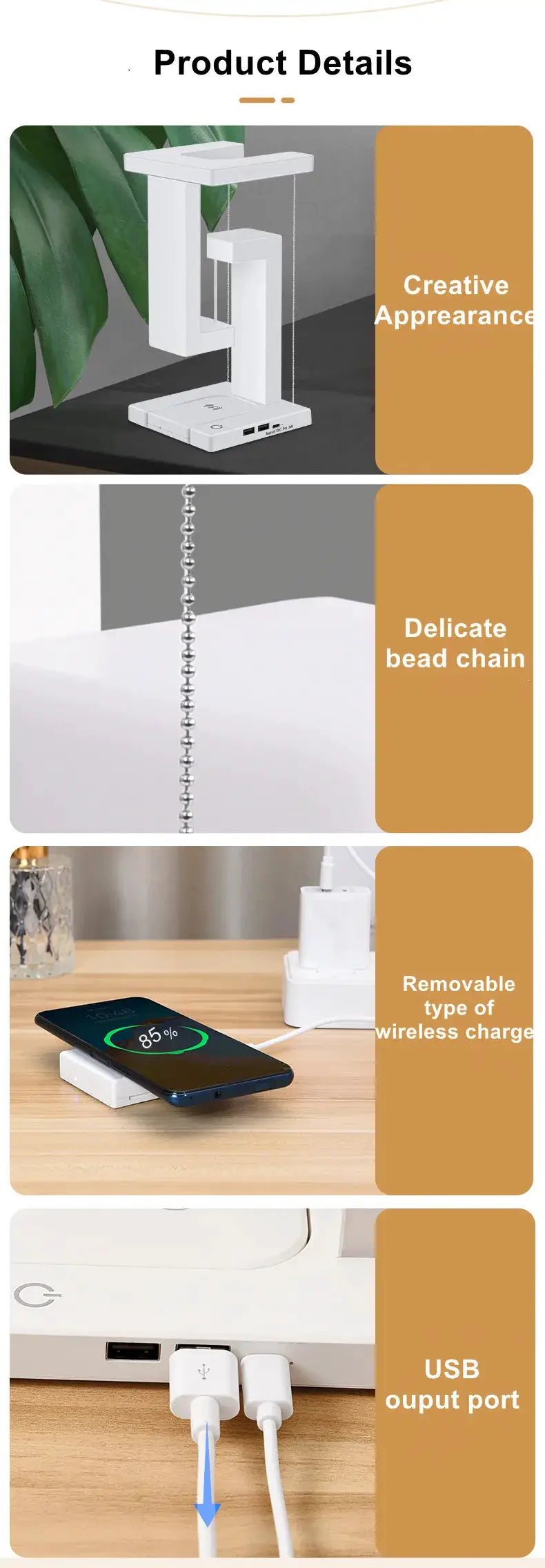 Simples Market novelty floating lamp with 10W detachable wireless charger, white decorative light