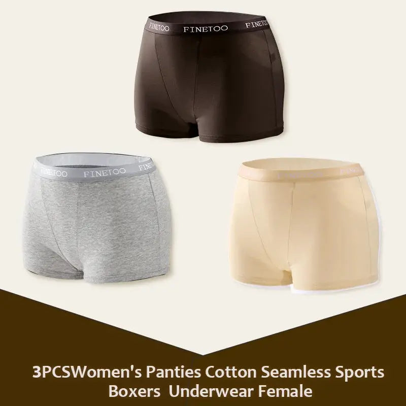 3Pcs women's cotton seamless sports boxers underwear set in brown, gray, beige with Finetoo waistband