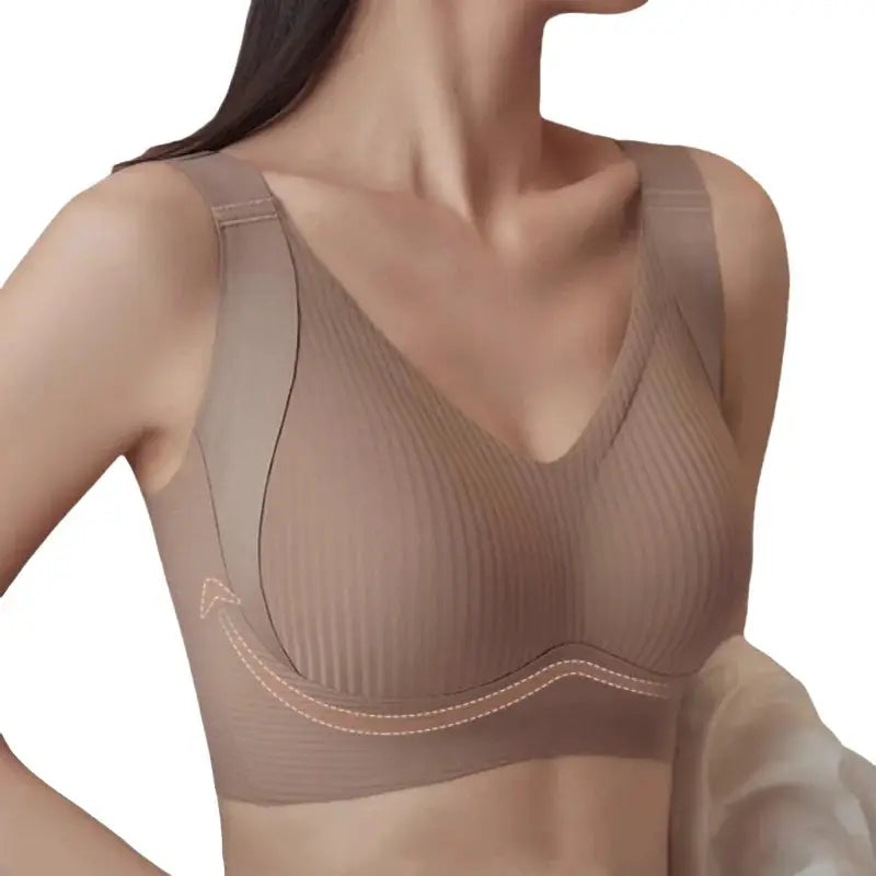 Push-up non-wire padded bra in nude beige, seamless ribbed cups with wide straps