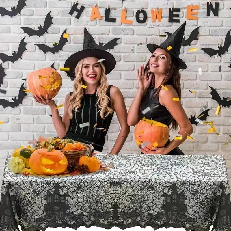 Halloween Lace Tablecloth With Spider Web Skull Pattern Rectangular Party Decor Haunted House