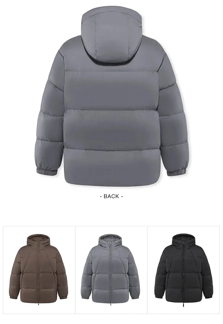 Simples Market men's hooded down jacket, gray puffer, back view; available in brown, gray, and black.