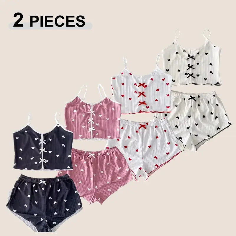 LunaLuxe Women Pajama Set Heart Print Soft Ribbed Fabric Cami Top And Shorts With Flirty Frill Trim