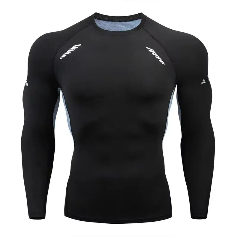 Men's black long-sleeve compression athletic T-shirt, quick-dry, with light blue side panels by Simples Market
