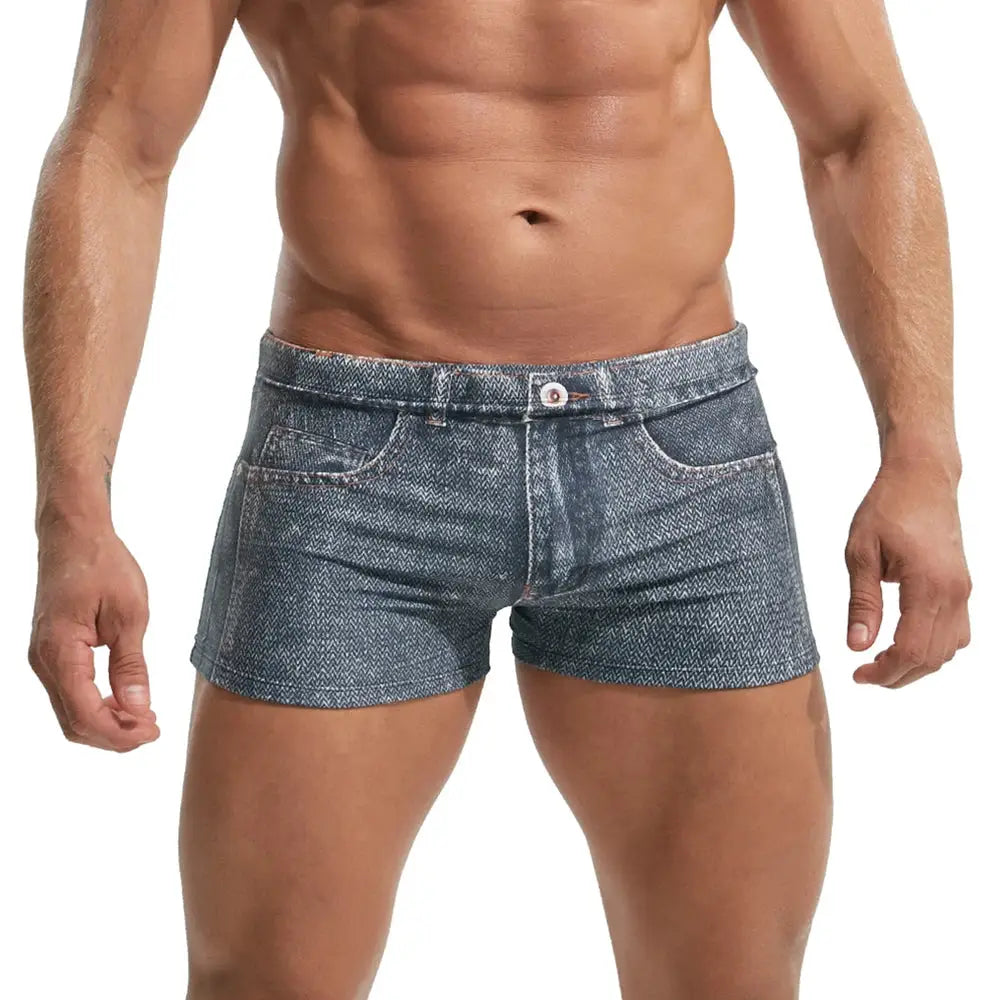 Men's denim-print board shorts, blue, 2XL, breathable swim trunks