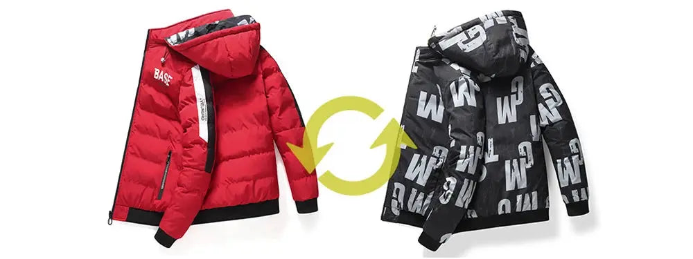 DIMUSI men's reversible padded winter jackets by Simples Market, red on one side and black with white print, hooded (set of 2)