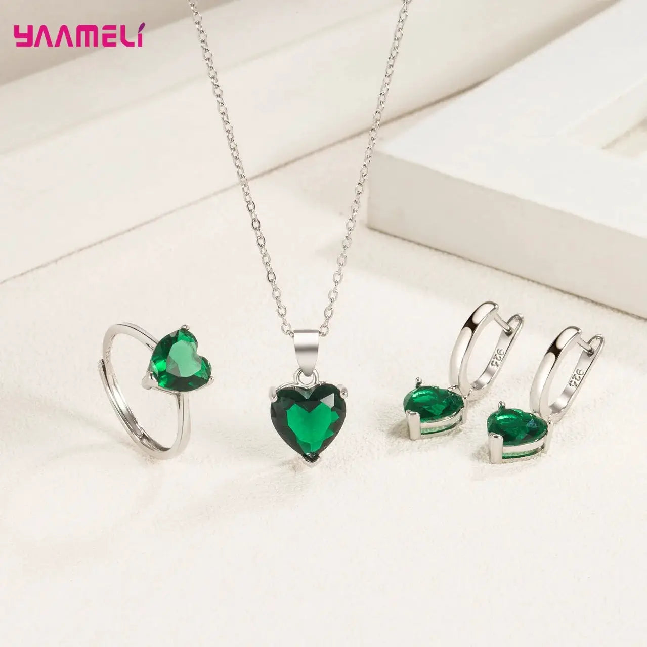 Fine 925 Sterling Silver Jewelry Gift Set For Women Heart Zircon Huggie Earrings Pendant Necklace Ring