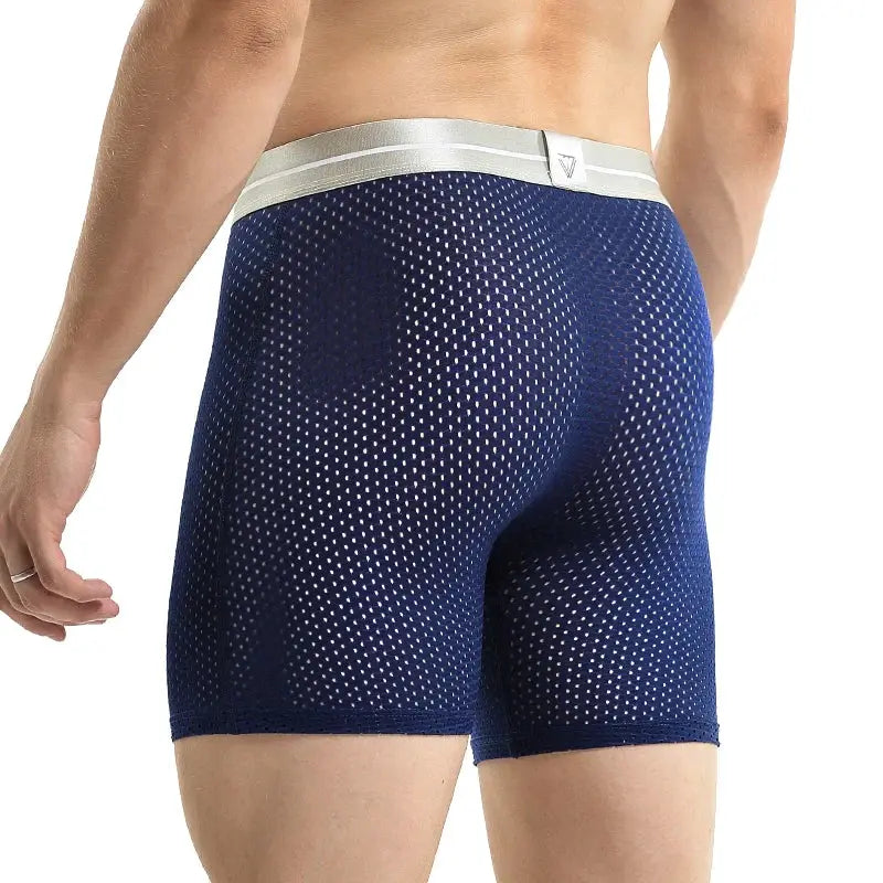 Men's navy blue mesh boxer shorts with white waistband, breathable ice-silk fabric, large size, Simples Market