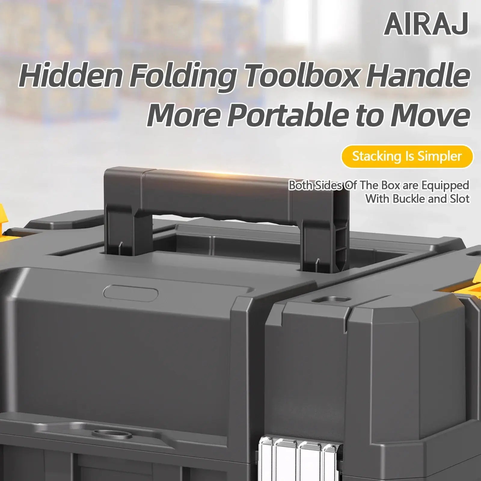 AIRAJ stackable toolbox with hidden folding handle; dark gray modular portable toolbox by Simples Market