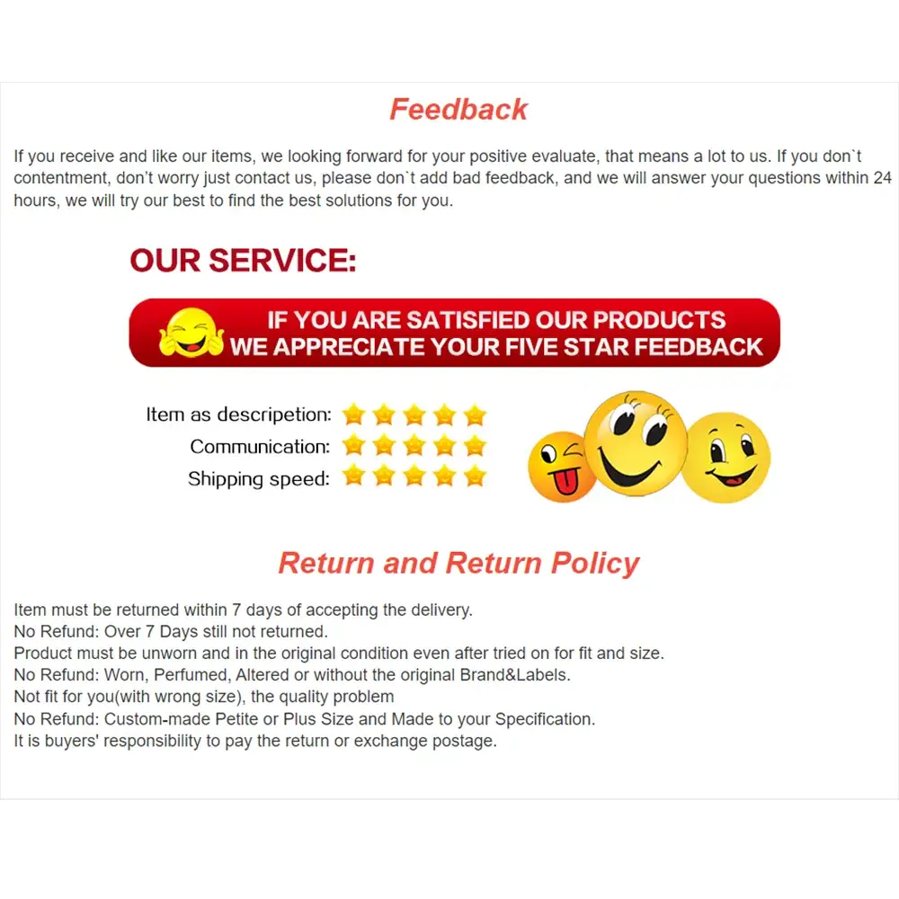 Feedback page graphic showing Our Service banner, smiley faces, and Return and Return Policy text.