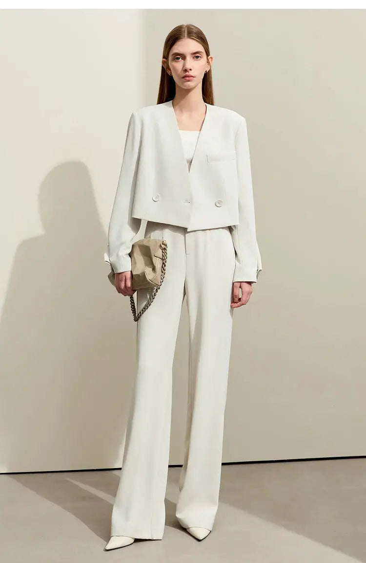 AMII Minimalism cream cropped blazer and wide-leg pants 2-piece set, office style by Simples Market