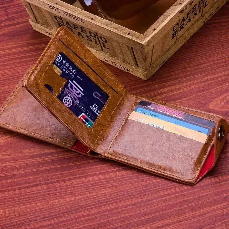 Men's genuine brown leather wallet, slim bifold RFID blocking with large card slots
