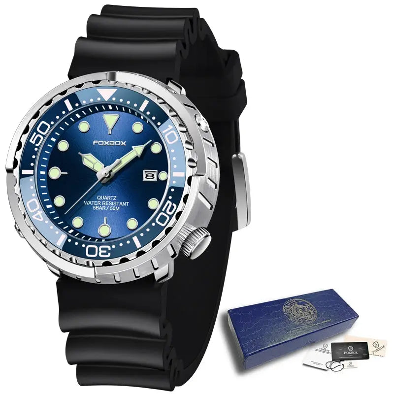 Foxbox diver watch with blue dial, 50m water resistant, black rubber strap