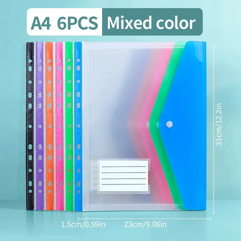 6-Piece A4 file bag set in mixed colors; large-capacity PP folders with 11-hole binding rings by Simples Market