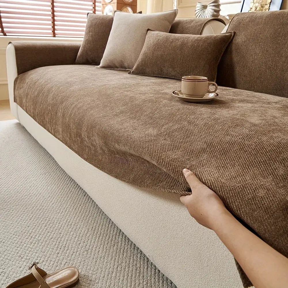 Simples Market Minimalist Twill Chenille Anti-Slip Sofa Cover in brown on a living room sofa