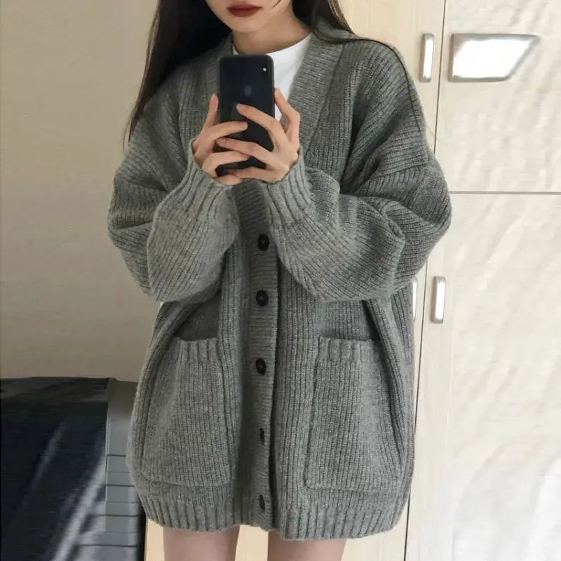 AutumnAura V Neck Loose Knit Cardigan Coat For Women Cozy Relaxed Fit For Autumn And Winter Warmth