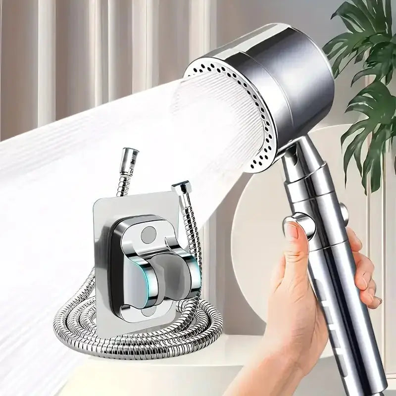 Chrome handheld shower head with hose and wall-mount filter unit, 5 spray modes, one-button stop.