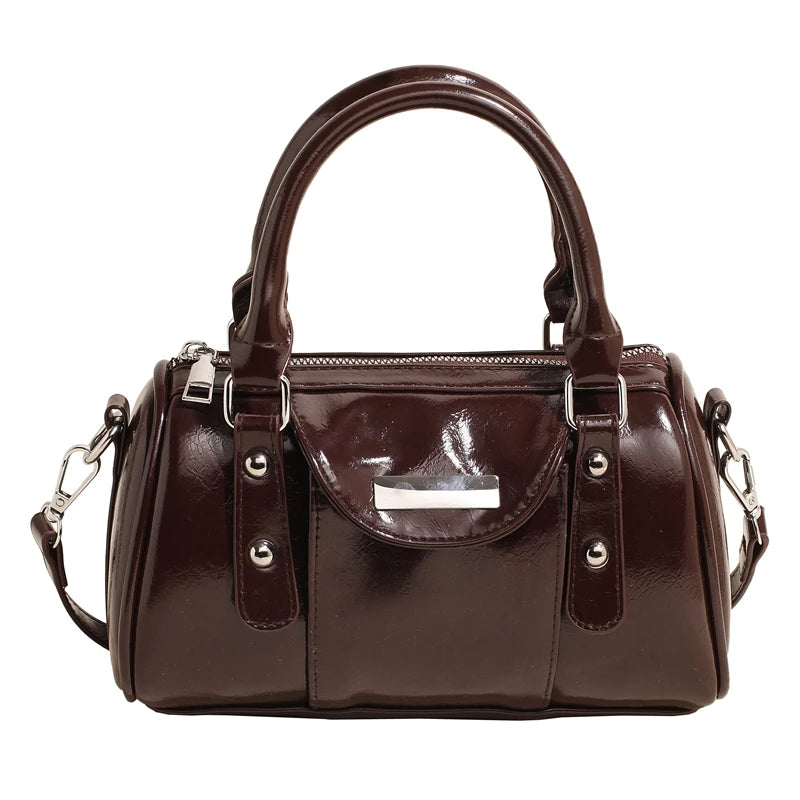 Burgundy PU leather mini top-handle bag with silver-tone hardware and detachable strap