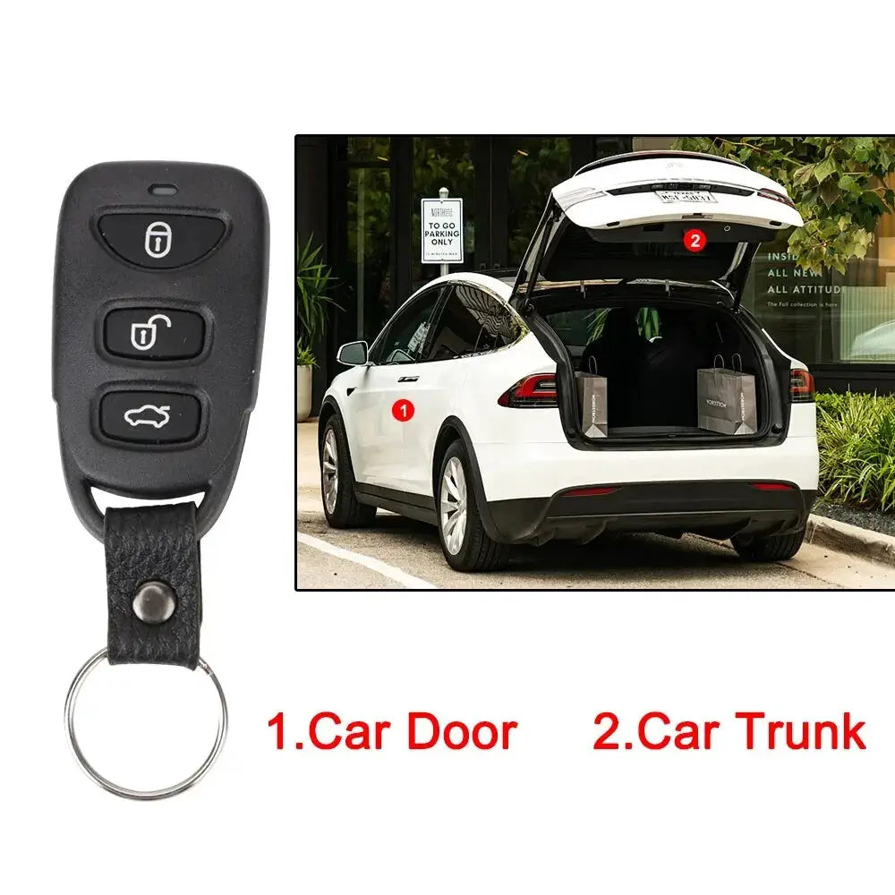 Car remote keyless control kit with black fob on leather keyring beside a white SUV with the trunk open.