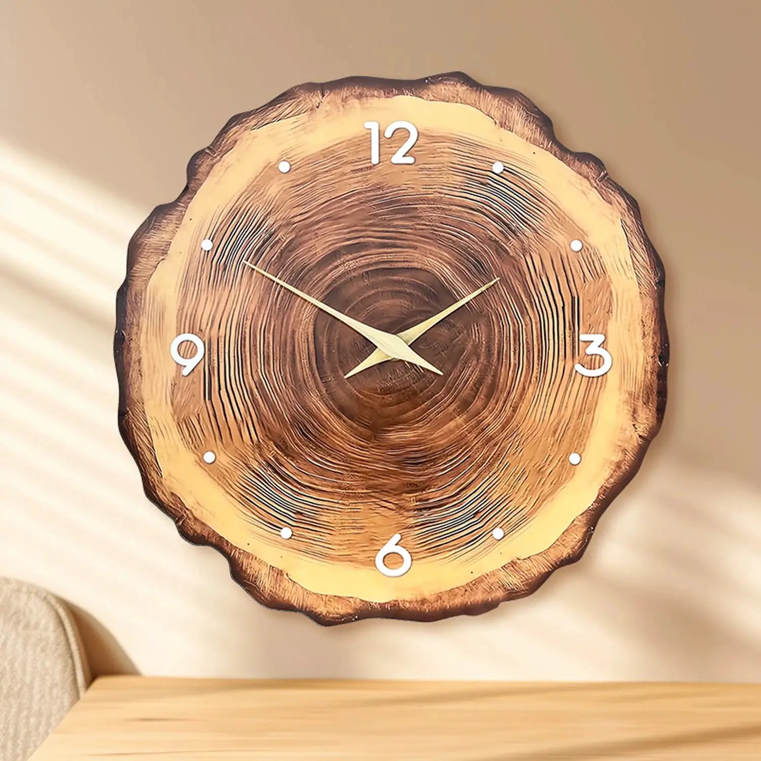 Wooden ring-veneer wall clock with natural wood grain, white numerals and dots, gold hands, silent movement